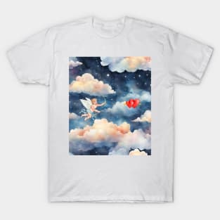 Cupid in the clouds in the starry sky T-Shirt